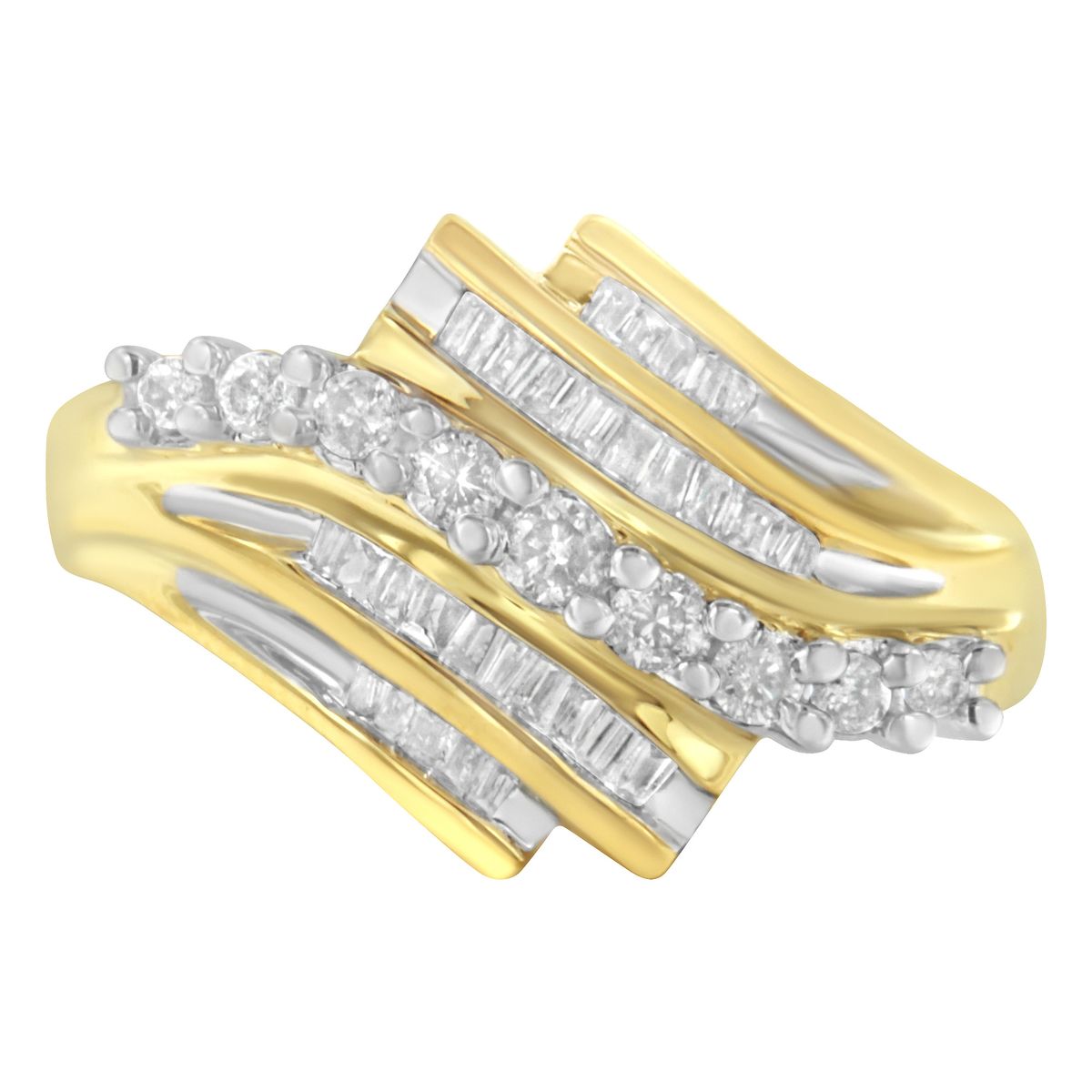 10K Yellow Gold Round and Baguette Diamond-Cut Ring (1/2 Cttw, I-J Color, I1-I2 Clarity)_voghion.com