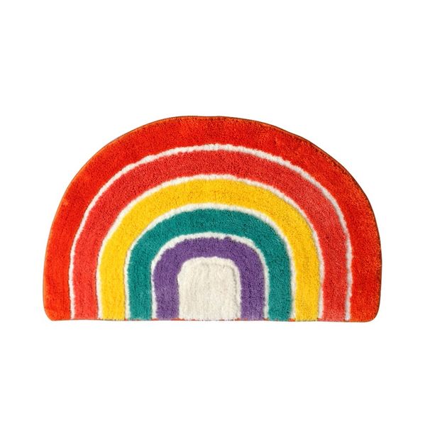 Rainbow Semi-Circle Flannel Rug - Non-Slip Kids Bath Mat, Soft Polyester Floor Carpet, Machine Washable For Bathroom, Nursery & Entryway_voghion.com