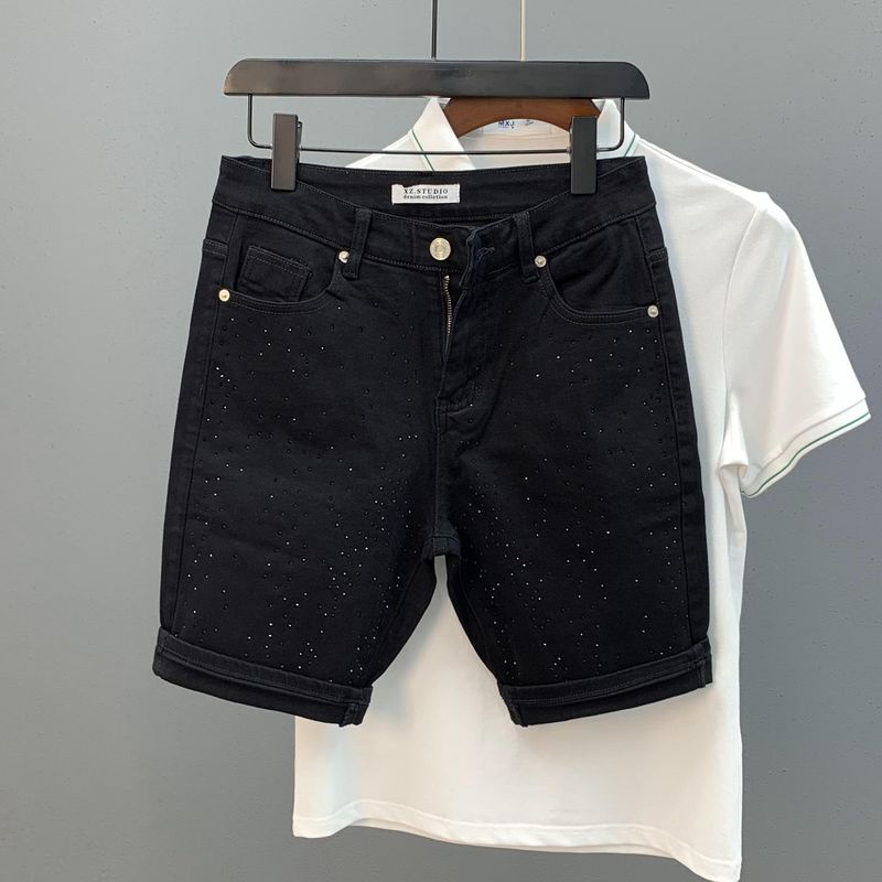 Abbigliamento da uomo Pantaloncini di jeans con diamanti caldi per tutto il corpo Pantaloni a cinque punti casual di marca High Street da uomo_voghion.com