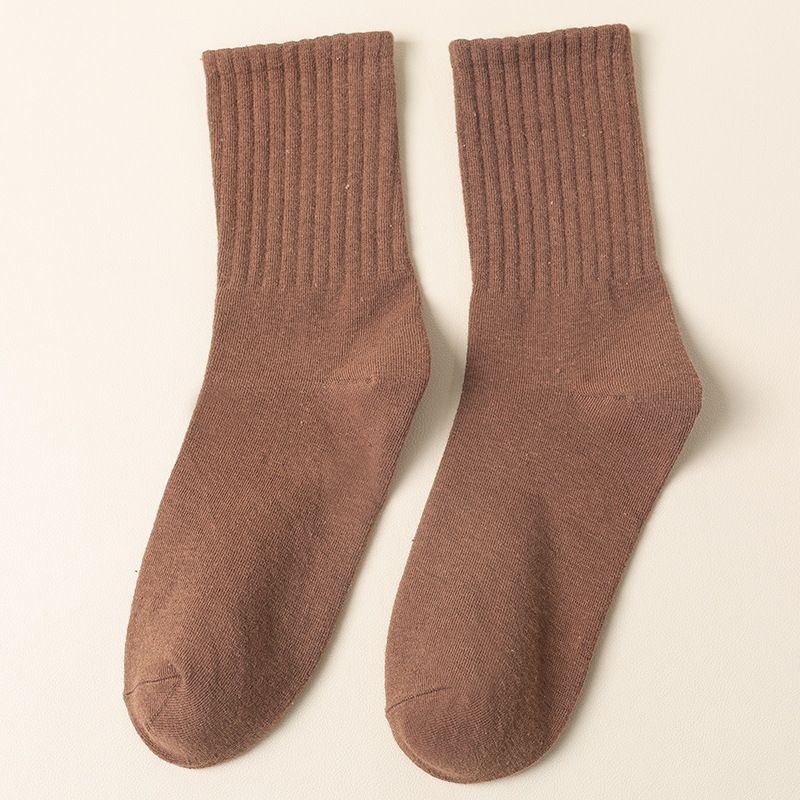 New solid color socks women's vertical striped mid-tube socks autumn winter warm women's socks sports cotton socks_voghion.com