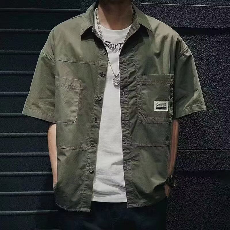 2024 Japanese style retro short sleeved shirt for boys, summer thin pocket work shirt, ruffled and handsome casual top trend_voghion.com