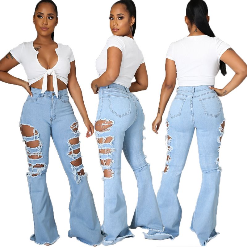 Women's clothing HSF2476 specializes in fashion, versatile, trendy and personalized ripped elastic bell-bottom pants_voghion.com
