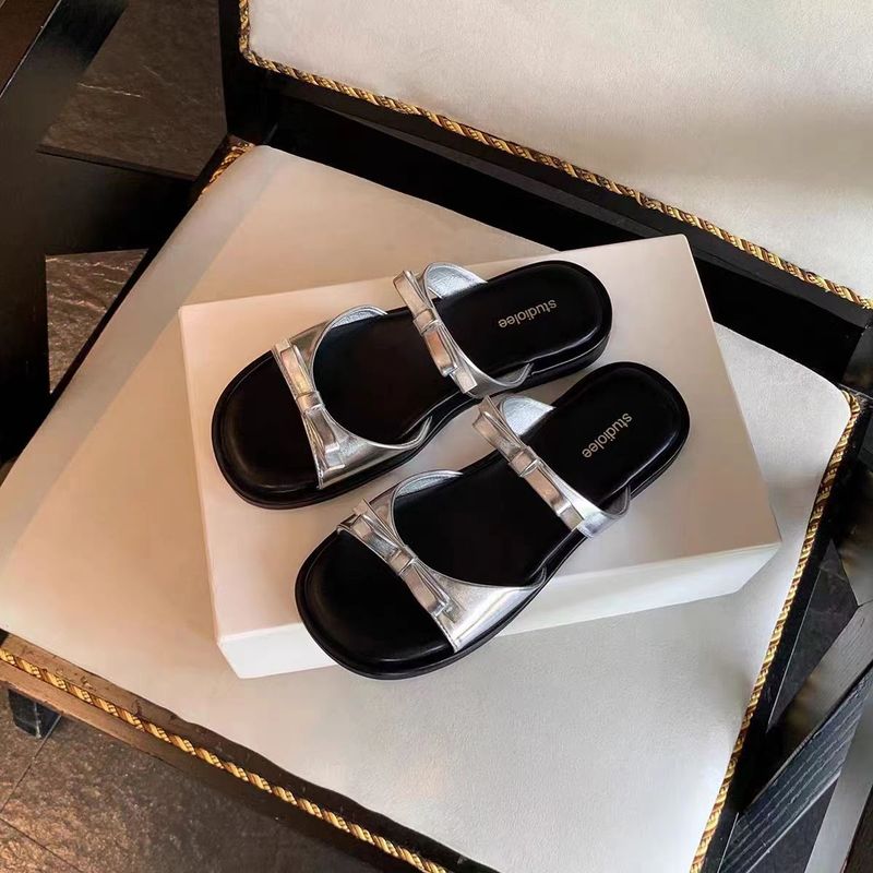 Îmbrăcăminte pentru femei, papuci de plajă, stil casual, versatil, din piele naturală, cu fundă, cu vârful deschis, pentru reducerea vârstei, pentru femei_voghion.com
