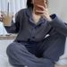 Simple And Comfortable Pajamas Women's Autumn And Winter Long-sleeved Lapel Gray Simple Thickened Loungewear Set_voghion.com