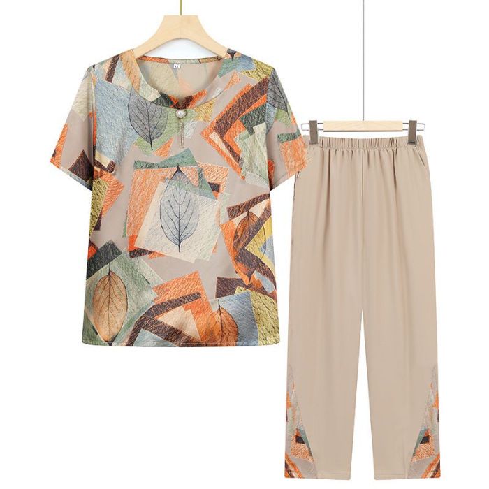 Audday Summer Cool Mom 2025 Nouveau Imprimé Mode Haut À Manches Courtes Jambe Large Pantalon Court Ensemble Deux Pièces_voghion.com