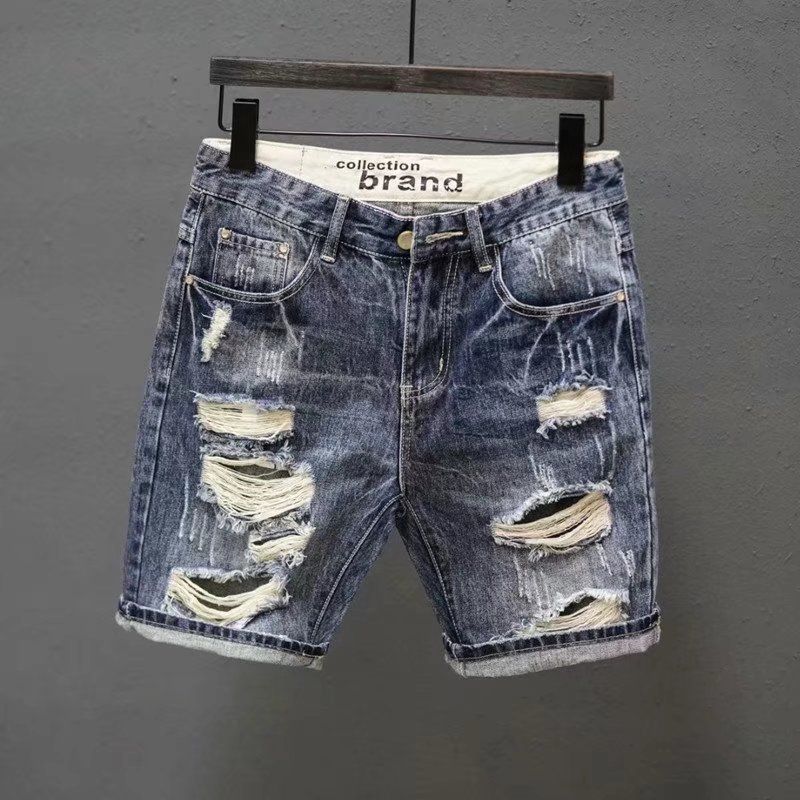 2025 Summer Thin Luxury Trendy High-End Distressed Denim For Men Patchwork Mid-Length Stretch Five-Point Shorts_voghion.com