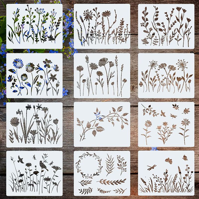 12 Pcs Flower Stencils For Painting, Reusable Stencils For Crafts, DIY Art Painting Templates For Furniture Wood Floor Wall_voghion.com