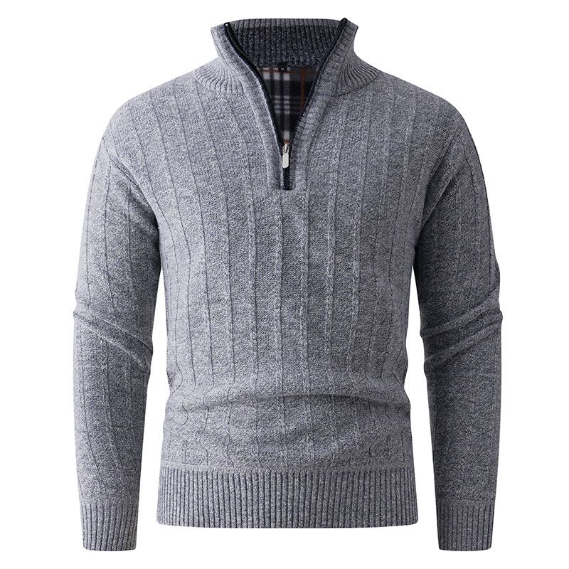 Maglione da uomo in maglia con cerniera a un quarto – Pullover termico invernale con collo alto e cuciture testurizzate (L-3XL, vestibilità slim, finitura lavata, grigio/blu navy intenso)_voghion.com
