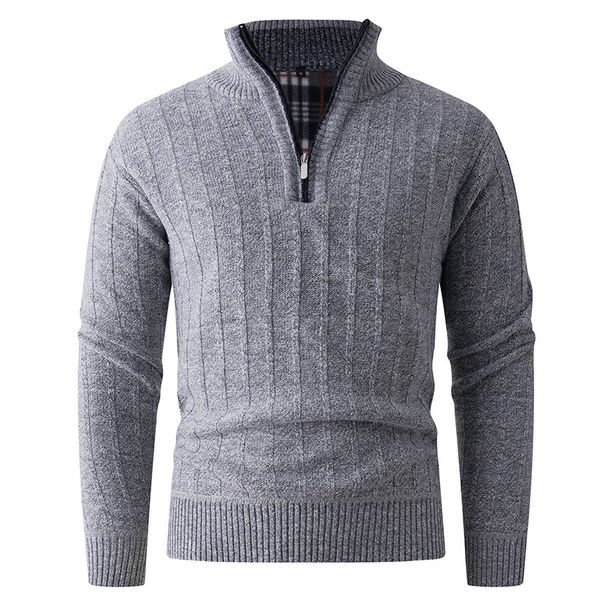 Maglione da uomo in maglia con cerniera a un quarto – Pullover termico invernale con collo alto e cuciture testurizzate (L-3XL, vestibilità slim, finitura lavata, grigio/blu navy intenso)_voghion.com