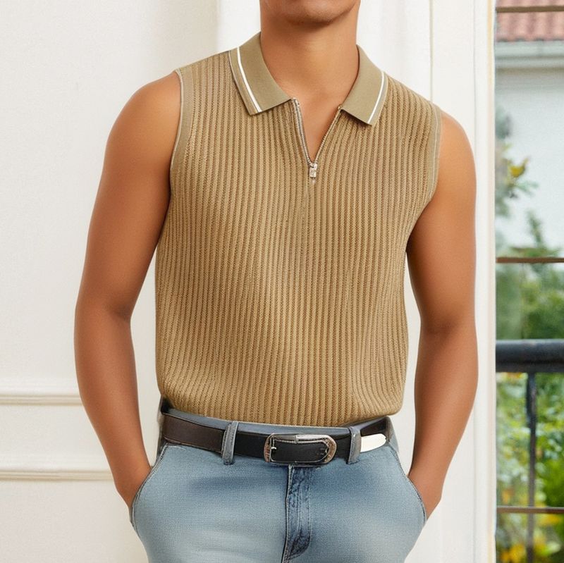 Men's Clothing Summer Sweater Vertical Stripes Fitness Sports Slim Fit Half Zip Vest_voghion.com