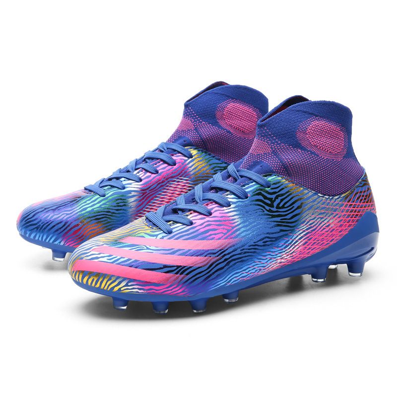 Wholesale youth football shoes for men and women breathable mandarin duck color high-top contrasting casual long spike grass children's training shoes_voghion.com