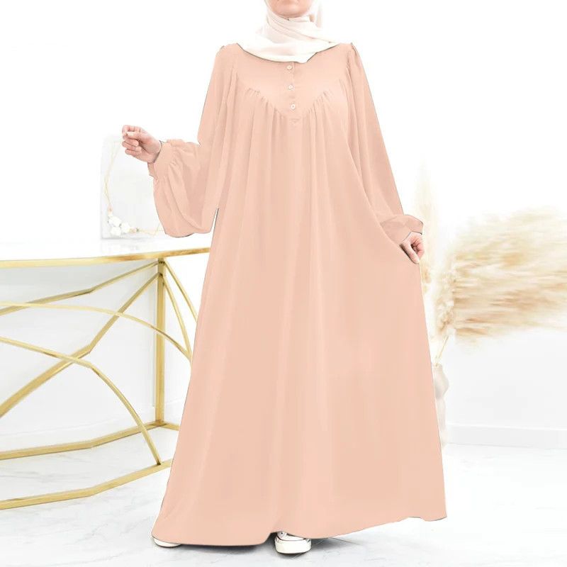 Dameskleding Lente- en herfstmode Casual pofmouw Eenvoudige effen kleur jurk Lange rok_voghion.com