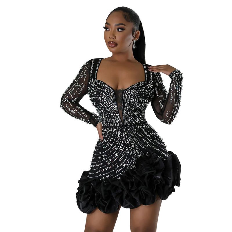 Rochie scurtă cu mâneci lungi și guler pătrat pentru femei, model sexy, cu diamante și mărgele, fierbinte_voghion.com