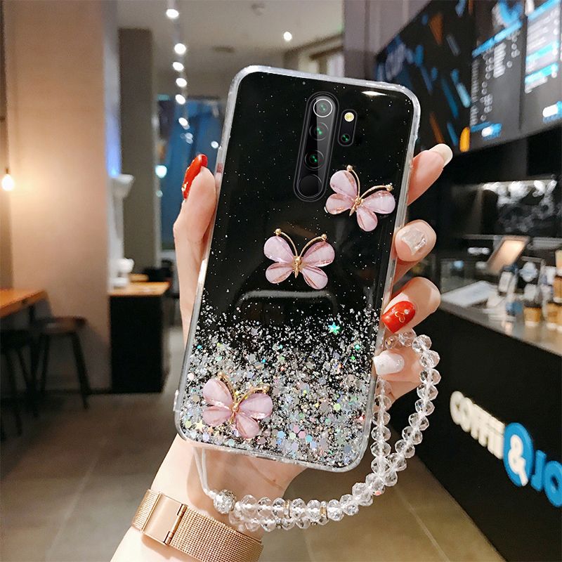 Custodia per telefono in silicone con cordino glitterato a farfalla Bling per Xiaomi Redmi 9C 9A Note11 10 9 8 Pro Poco M3 X3 M4 Pro Shiny Cov_voghion.com