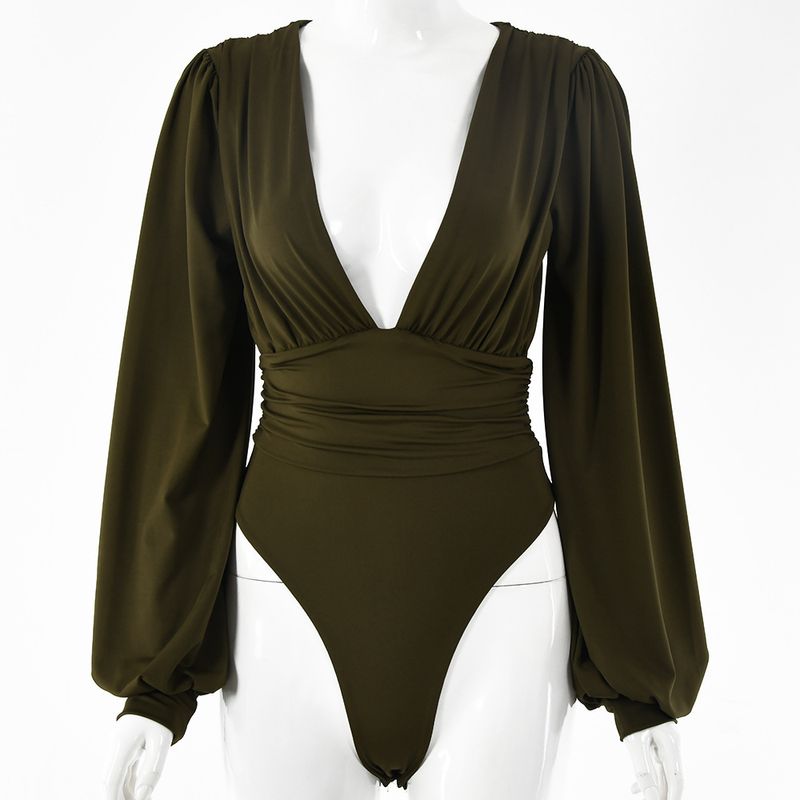 Damenbekleidung Modische Oberteile Sexy Langarm Tiefer V-Taille Plissee Temperament Jumpsuit_voghion.com