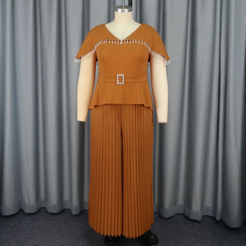 Women's Clothing Plus Size Cape Sleeve High Waist Jumpsuit Elegant Style Party Pleated Skirt Jumpsuit_voghion.com