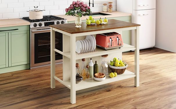 TOPMAX Solid Wood Rustic 3-piece 45' Stationary Kitchen Island Set With 2 Seatings, Rubber Wood Butcher Block Dining Table Set Prep Table Set With 2_voghion.com