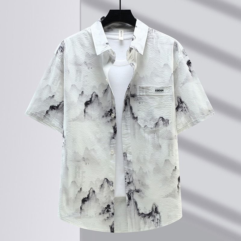 Camicia a maniche corte in seta ghiacciata tie-dye ad asciugatura rapida per uomo, estiva, taglio sottile, giacca ampia con maniche a cinque quarti_voghion.com