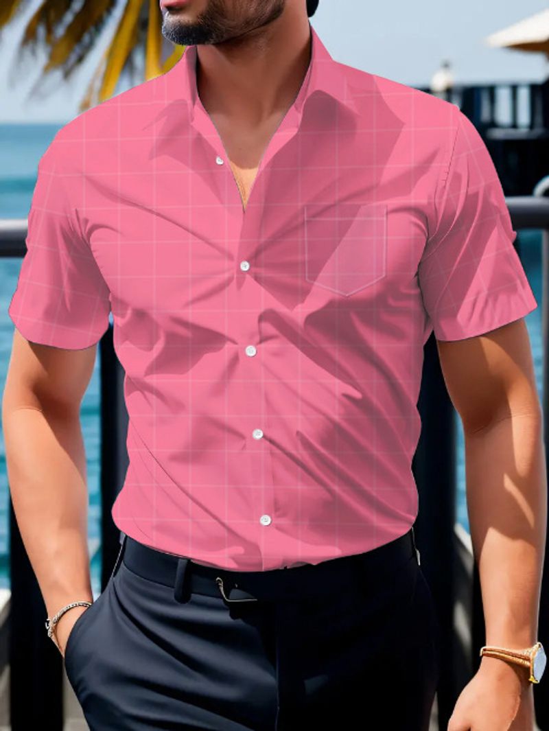 Casual Short Sleeved Shirt 3D Digital Printing Summer Thin Solid Color Plaid Foreign Trade Men's Clothing_voghion.com