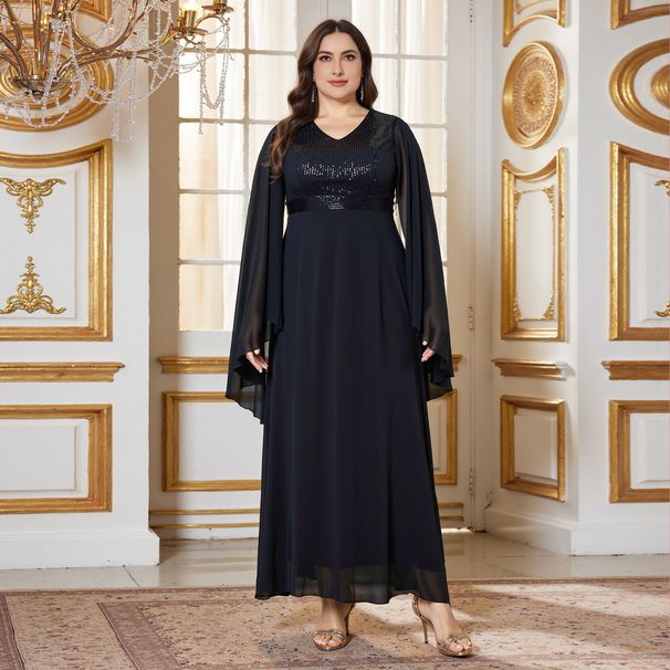 Elegant Plus Size Evening Dress With Deep V-Neck & Beading - Long Sleeve A-Line Gown For Parties, Prom & Special Occasions (Black, 0XL-4XL)_voghion.com