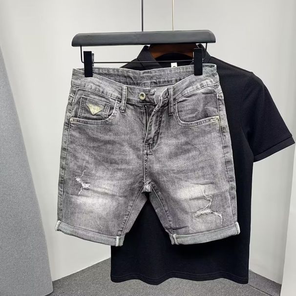 Summer New Denim Shorts Five Quarter Brand Slightly Wide Printed Trendy Korean Version Elastic Tear Hole Middle Men's_voghion.com