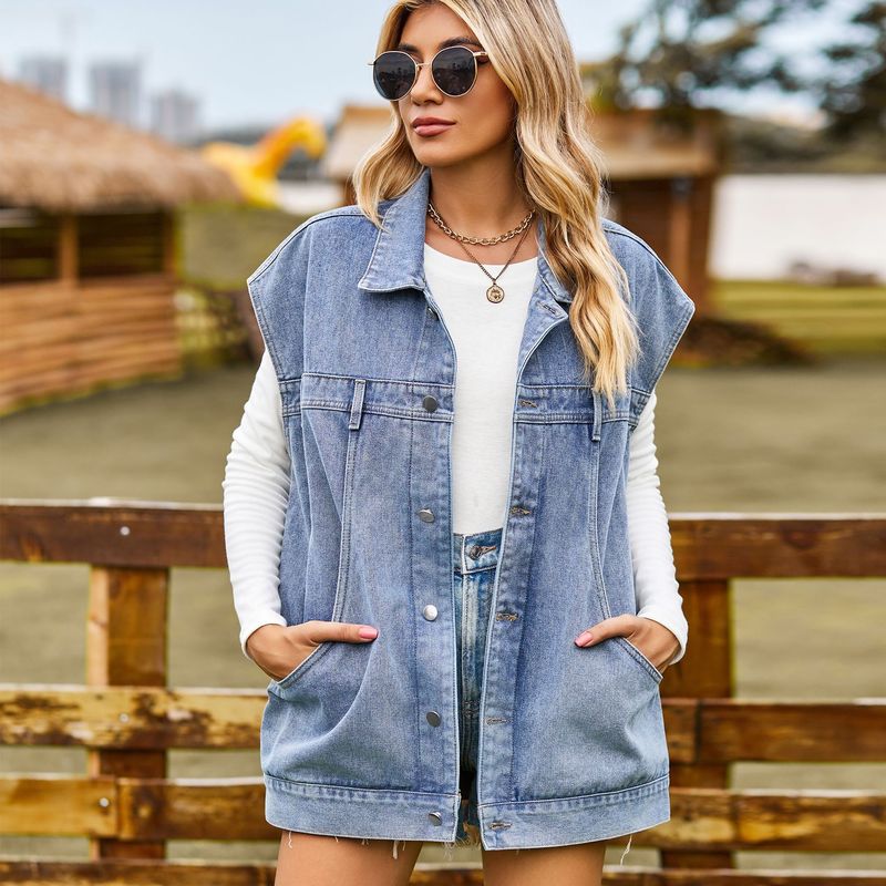Vêtements pour femmes, poche personnalisée, gilet en denim lavé décontracté, haut_voghion.com