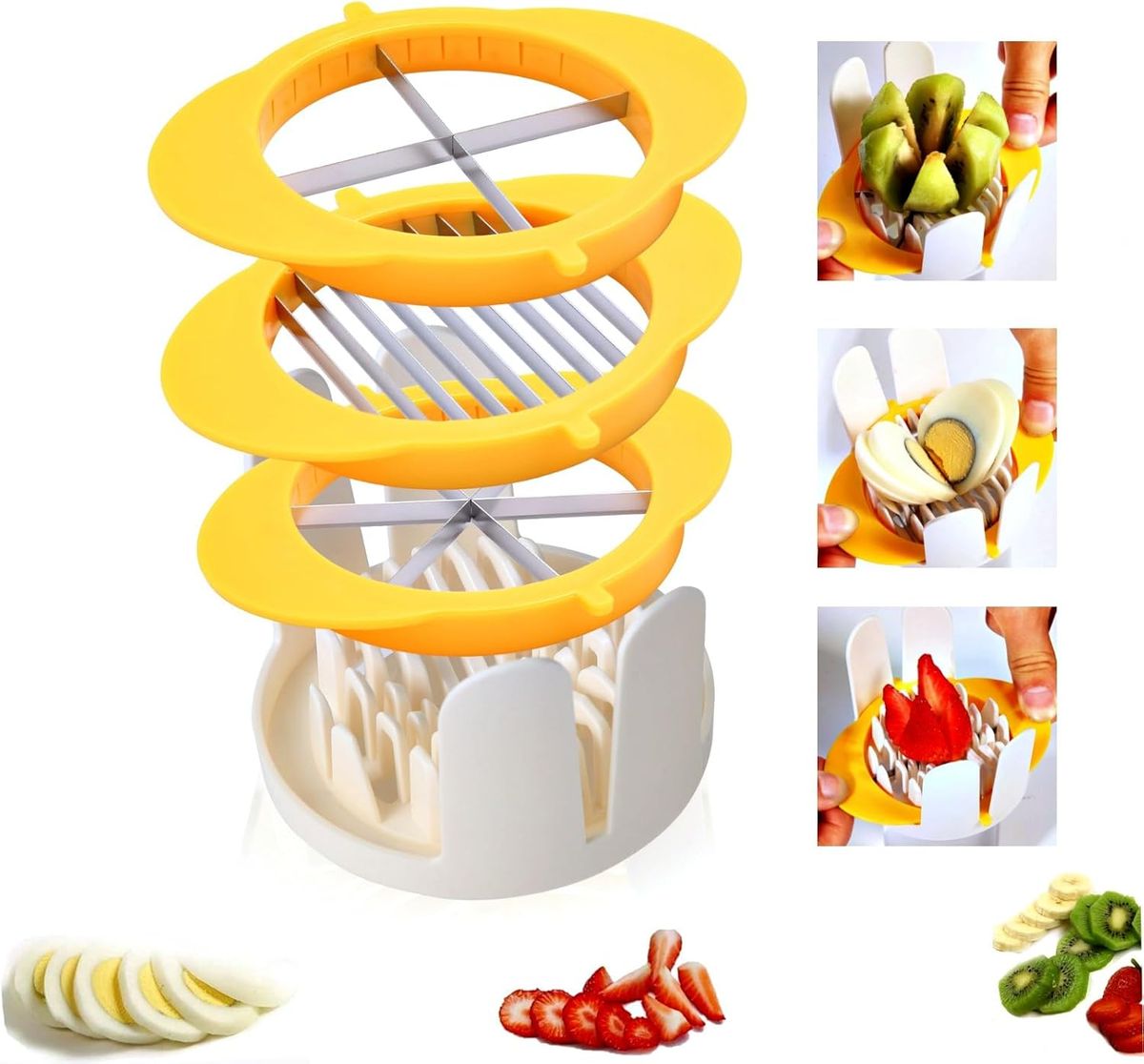 3-In-1 Egg Slicer With Blades, Stainless Steel Egg Cutter For Hard Boiled Eggs, Multi-purpose Food Slicer To Cut Fruits Into Fourth Sixth Or Slices,_voghion.com