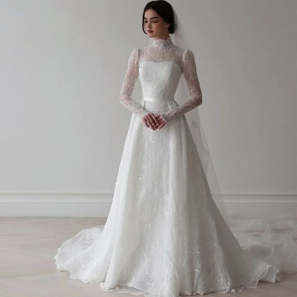 Abito da sposa da donna, abito da sposa in pizzo lucido ed elegante, abito da sposa in raso con maniche lunghe – Abito senza tempo a trapezio con vita alta in bianco avorio_voghion.com