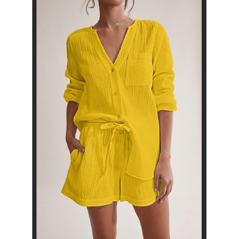 Damenbekleidung Sommer Langarm Shorts Pyjamas Doppelschicht Gaze Baumwolle Mode Home Kleidung Set_voghion.com