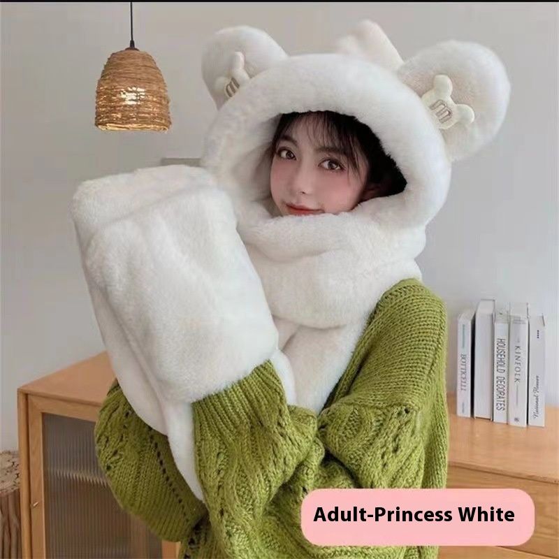 Winter New Cute Thickened Warm One piece Scarf Glove Fox Hair 3-in-1 Korean Bear Hat_voghion.com
