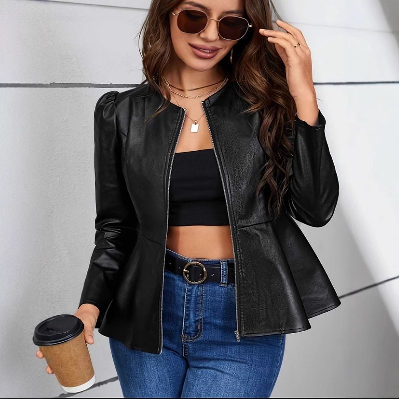 Blazer en cuir PU avec bordure en velours pour femme, coupe slim, idéal pour l'automne et l'hiver, pour les déplacements au bureau et les tenues décontractées._voghion.com