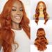 Synthetische Clip-in-Perücke, modische Perücke, Spitzen-Kopfbedeckung, schmutziges Orange, langes lockiges Haar, mittellanges Kopfbedeckung aus gespaltener Faser, Hochtemperaturdraht_voghion.com