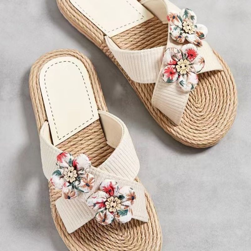 Damesschoenen Nieuwe zomer Eén lijn Damespantoffels Touwbodem Effen kleur Modetrend Binnen en buiten Zes kleine bloempantoffels_voghion.com
