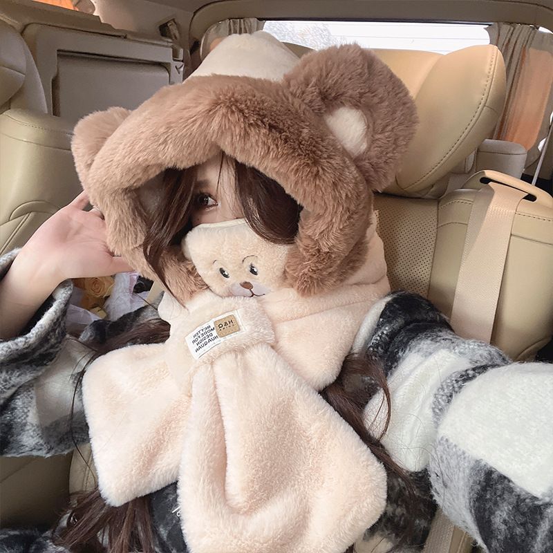 Autunno e inverno, nuovo set di tre pezzi di peluche con maschera e sciarpa per donne, simpatico orso caldo_voghion.com