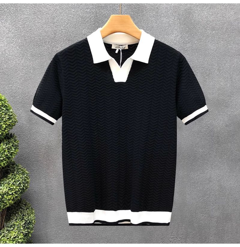Men's Clothing Breathable Color Matching Light Mature Trendy Shirt Lapel Elastic Jacquard Texture Slim Short Sleeve Knit Tops_voghion.com