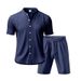 American Hawaiian Summer Men's Linen Loose Henry Collar Beach Short Sleeve Shorts Shirt Set_voghion.com