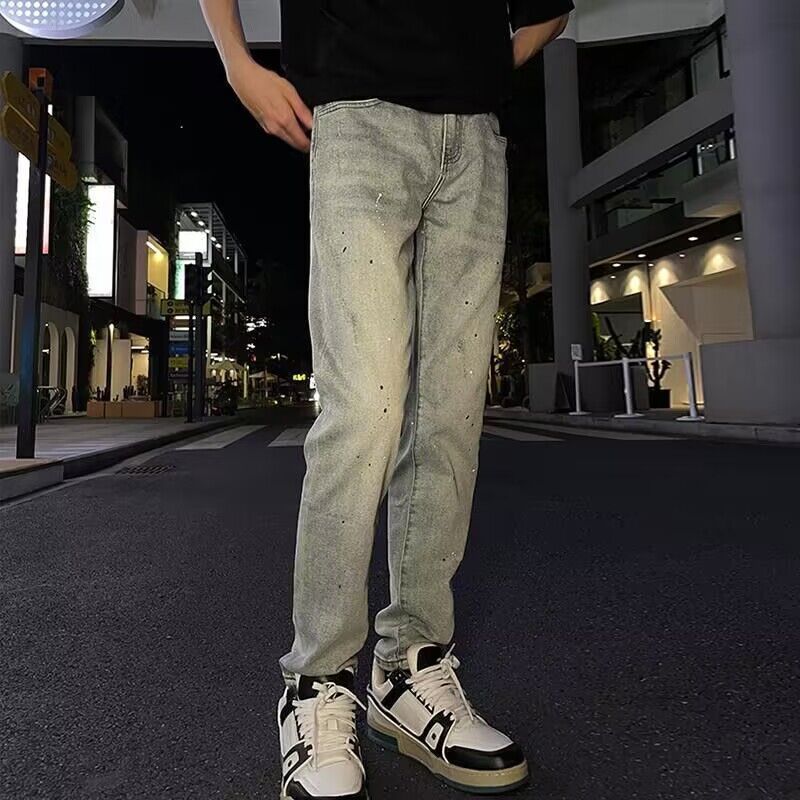 Herrkläder Internetkändis samma stil niopunktsjeans för pojkar trendiga tryckta permanentborrade hål slim fit trendiga märkesbyxor för små fötter_voghion.com