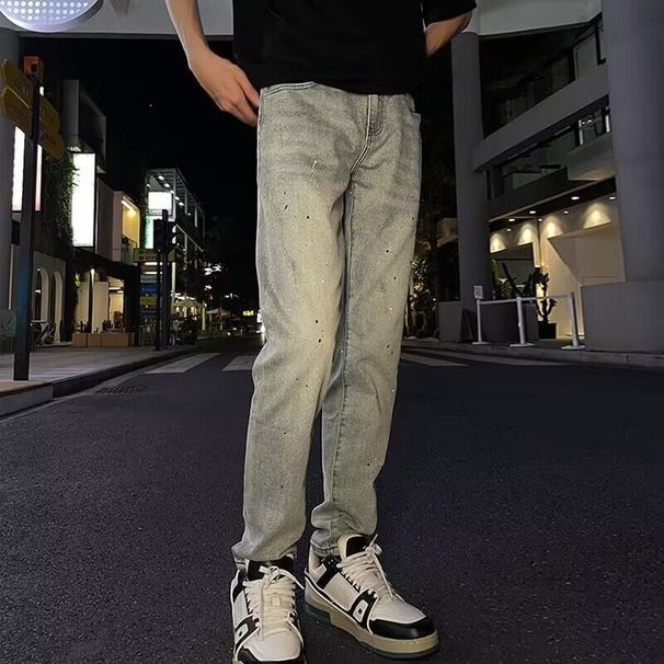 Herrkläder Internetkändis samma stil niopunktsjeans för pojkar trendiga tryckta permanentborrade hål slim fit trendiga märkesbyxor för små fötter_voghion.com