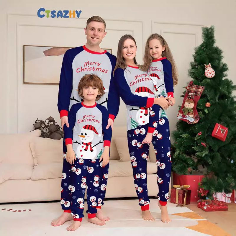 Christmas Snowman Snowflake letters cartoon Christmas parent-child suit printed homewear pajamas_voghion.com