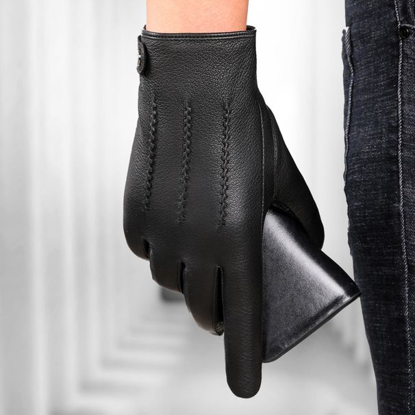 Leather gloves for men autumn and winter warm and thick velvet driving and riding simple business handsome tide_voghion.com