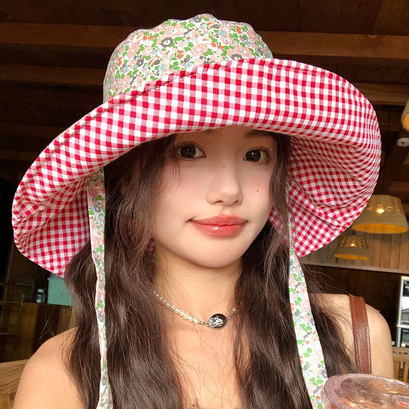 Japanese Red Plaid Double-sided Fisherman's Hat Children's Spring And Summer New Large Brim Outdoor UV-proof Basin Hat Tide_voghion.com