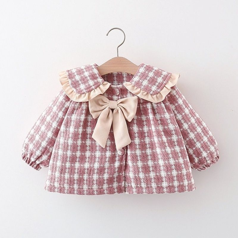 Casaco estilo coreano para meninas, manga comprida, xadrez, roupa quente para meninas de 0 a 3 anos_voghion.com