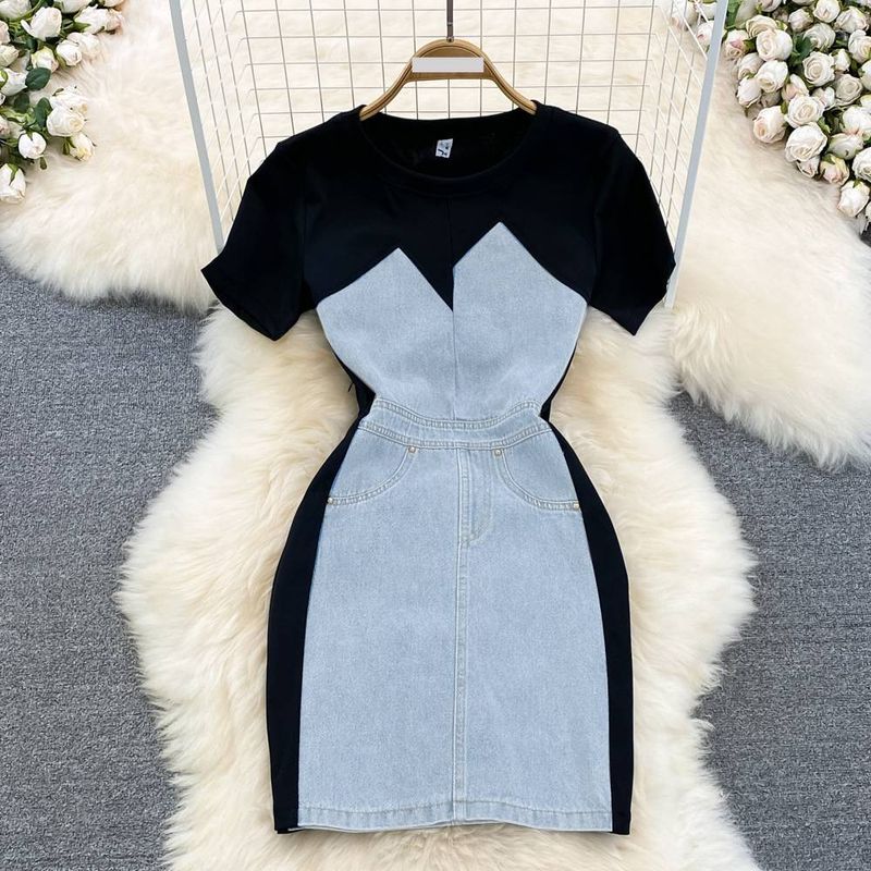 Women's Clothing temperament round neck sleeve denim splicing slim fit short hip dress summer_voghion.com