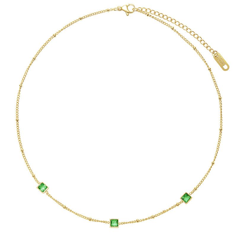 Colar de aço de titânio com grama de quatro folhas de zircônia esmeralda simples, colar de corrente de colar de amor incolor de alta qualidade_voghion.com