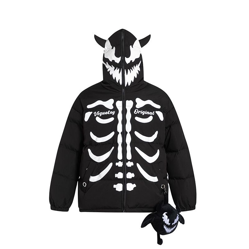 Men's Clothing Club Skeleton Solid Angle Cotton Jacket for Men and Women with Small Bag Punk Rock Winter Thick Jacket_voghion.com