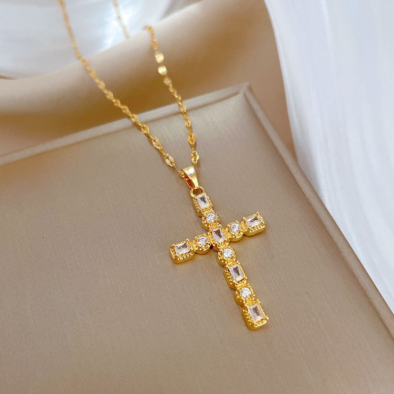 [Titanium Steel] Full Diamond Cross, Light Luxury Temperament, Zircon Clavicle Chain, Small and Delicate Ins Mesh Red_voghion.com