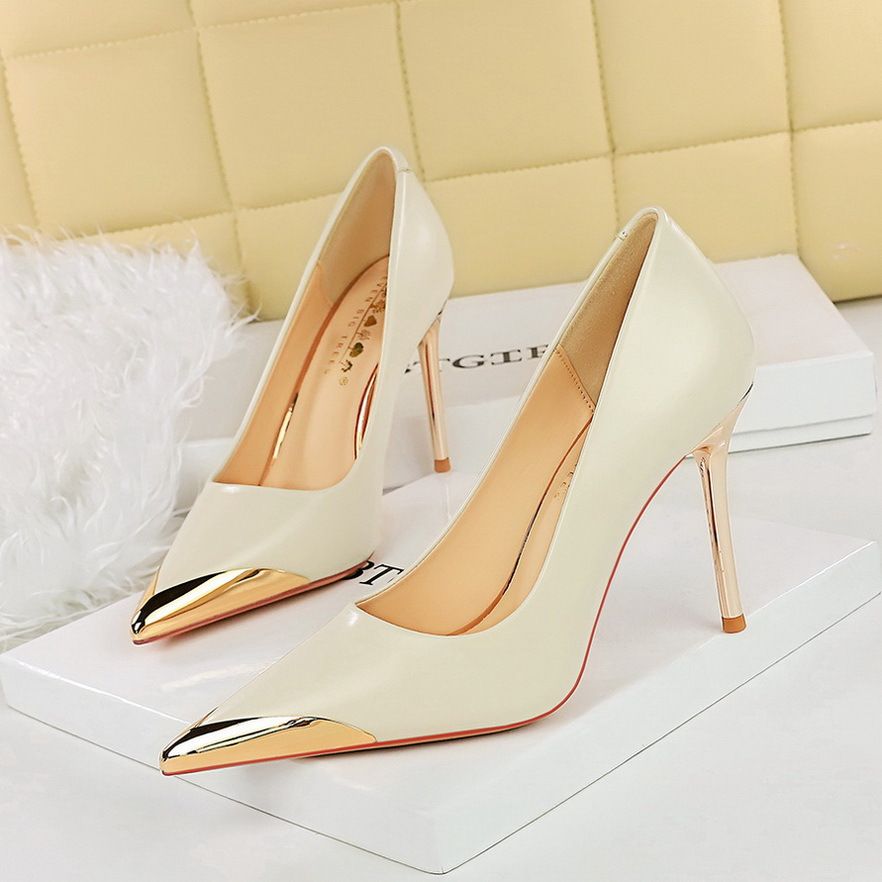 Women's shoes Thin heel metal pointed shallow shave slim spring and autumn women's single shoes_voghion.com