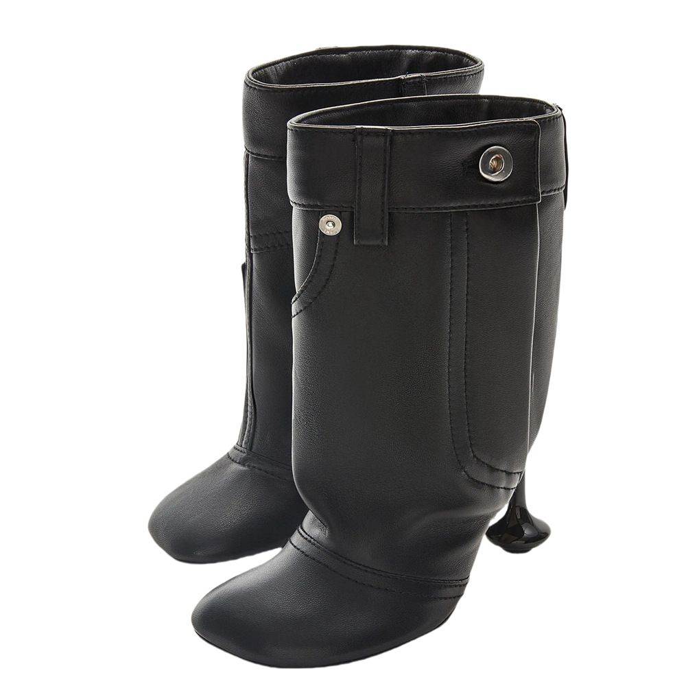 New Style Denim Washed Large Size Side Zipper Bare Slip-On Square Toe Unisex Fashion Boots_voghion.com