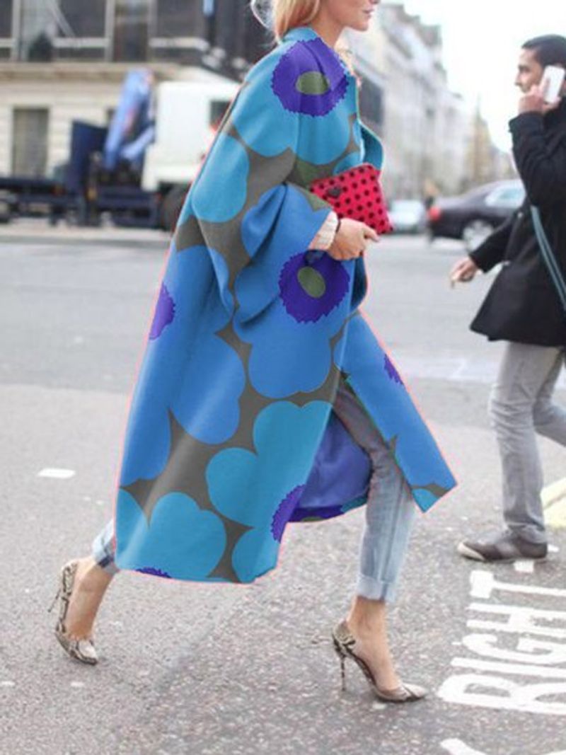 Gabardina holgada con estampado de abrigo de manga larga acampanada para mujer_voghion.com