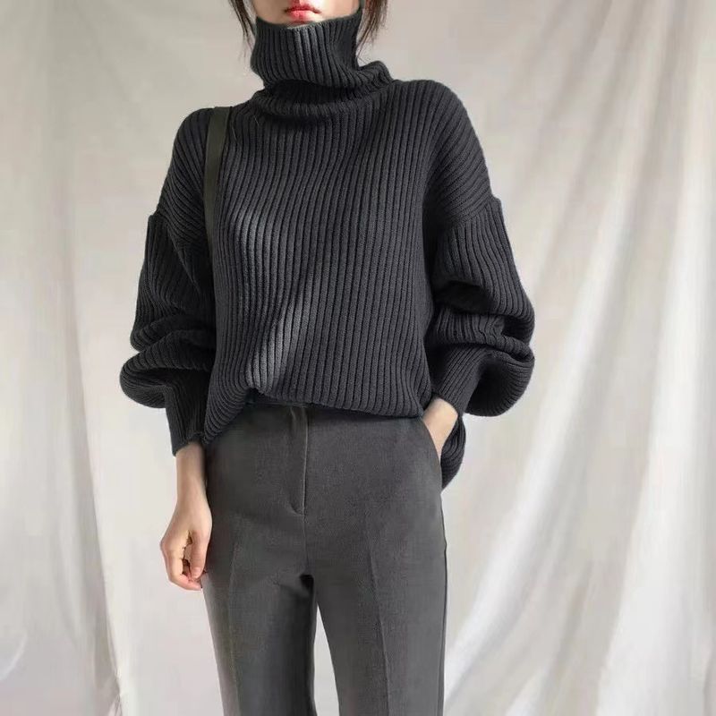 Stehkragenpullover für Damen, Herbst- und Wintermode 2024 in neuer koreanischer Version, einfarbiger, langärmeliger, lockerer Strickpullover mit Laternenmuster_voghion.com